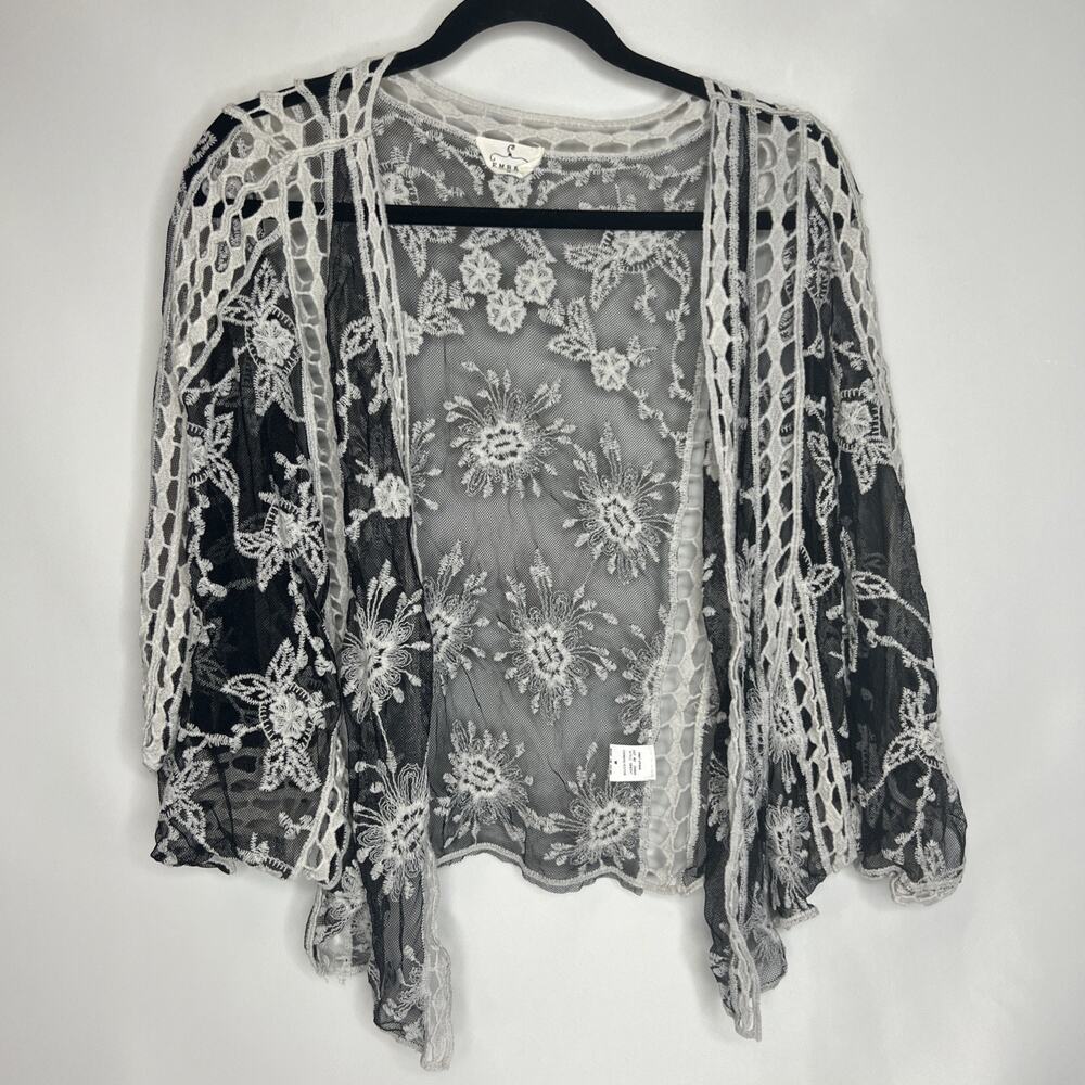 Ember Kimono Sz Medium Open Cardigan Black White Lace Boho Festival Cottagecore